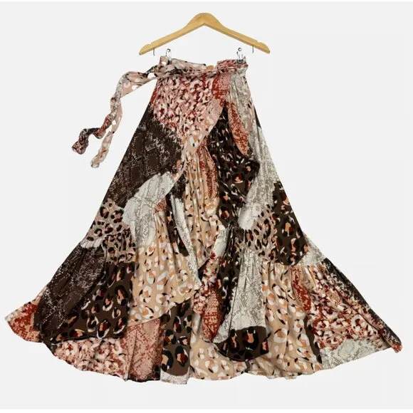RAGA x Free People Congo Multi Print Ruffled Wrap Midi Skirt Boho Festival Flowy