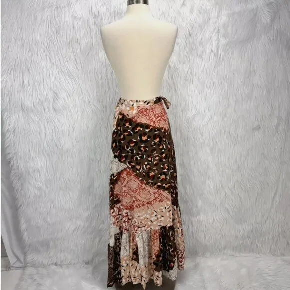 RAGA x Free People Congo Multi Print Ruffled Wrap Midi Skirt Boho Festival Flowy