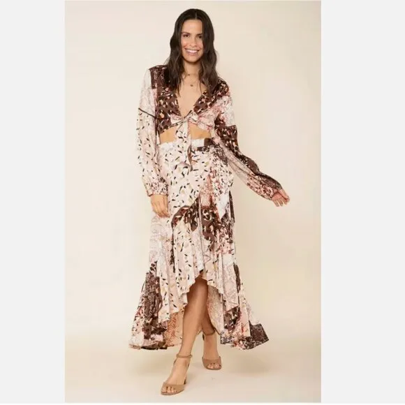 RAGA x Free People Congo Multi Print Ruffled Wrap Midi Skirt Boho Festival Flowy