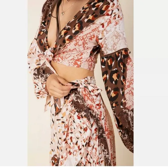 RAGA x Free People Congo Multi Print Ruffled Wrap Midi Skirt Boho Festival Flowy