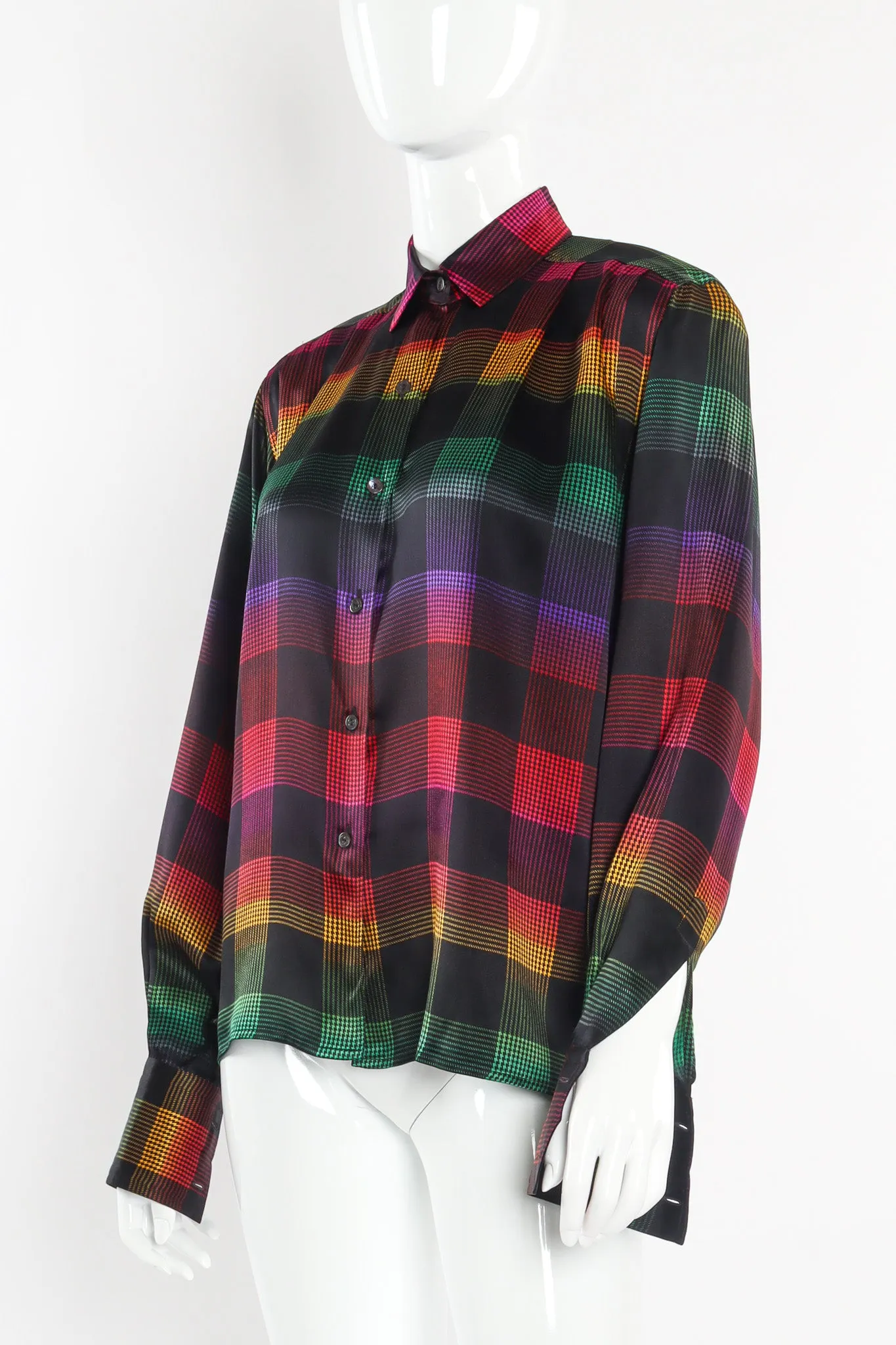 Rainbow Houndstooth Plaid Silk Blouse