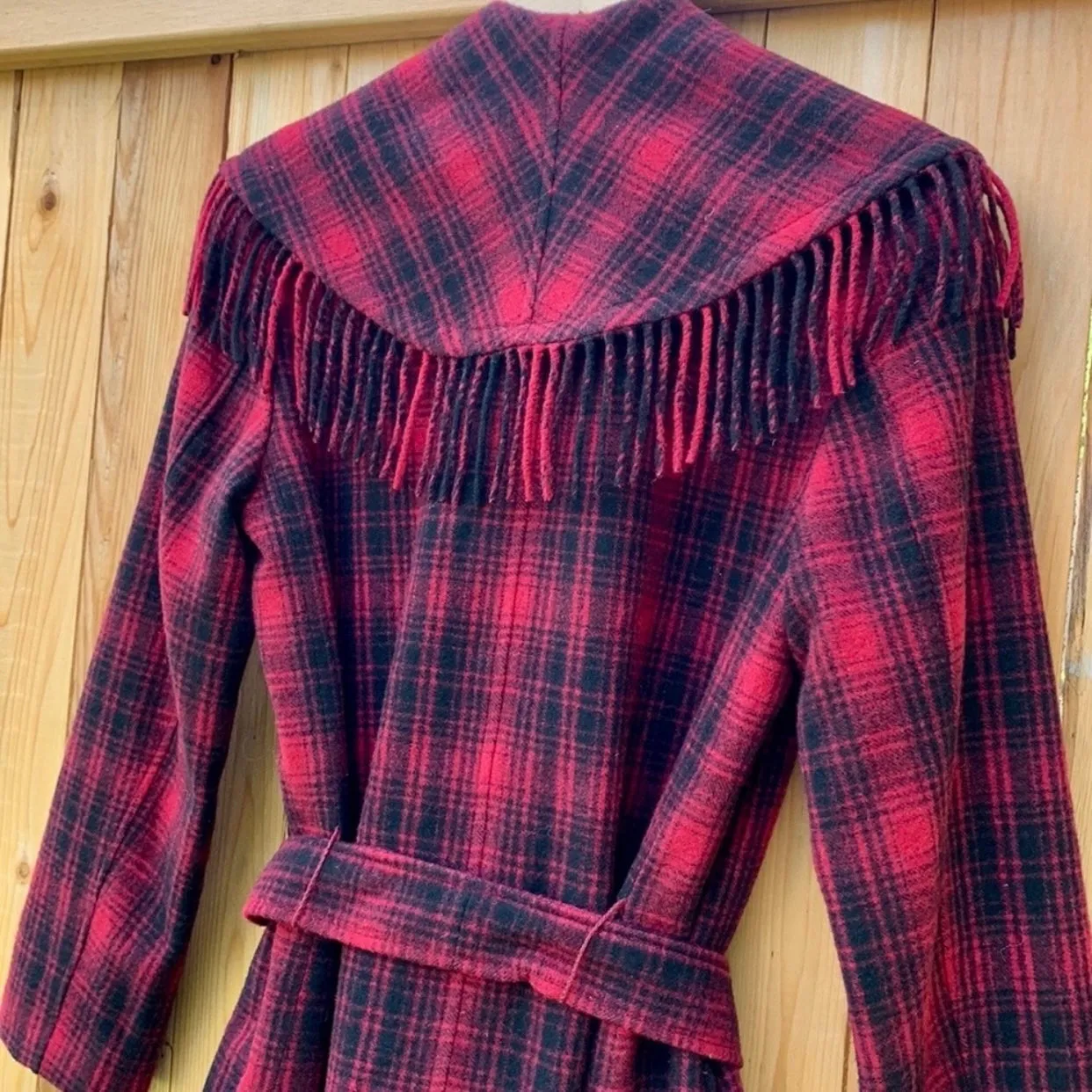 RALPH LAUREN Wool Blanket Fringe Western Black Red Belted Wrap Coat Jacket