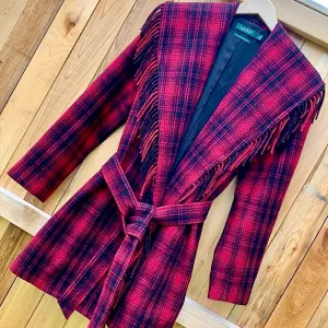RALPH LAUREN Wool Blanket Fringe Western Black Red Belted Wrap Coat Jacket