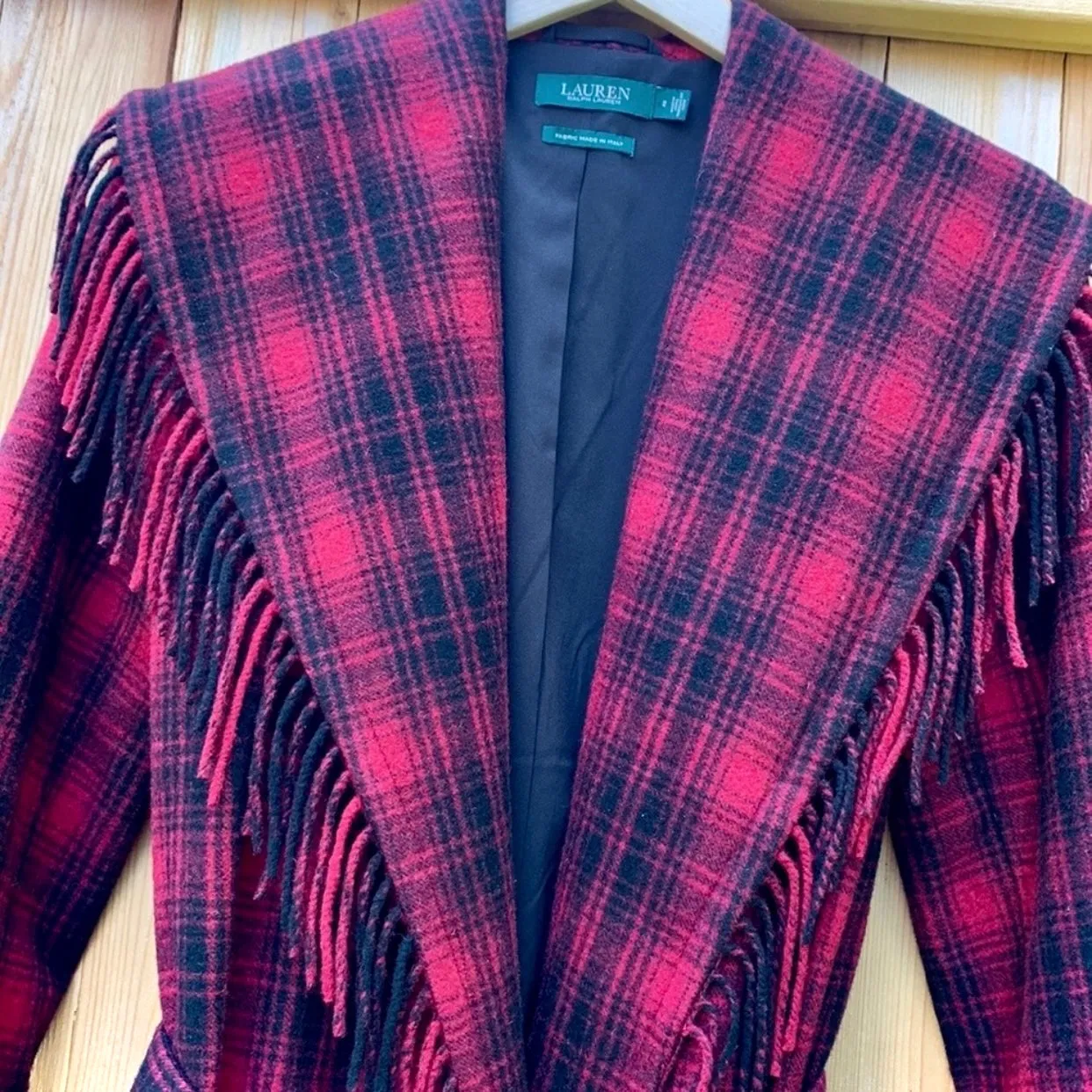 RALPH LAUREN Wool Blanket Fringe Western Black Red Belted Wrap Coat Jacket