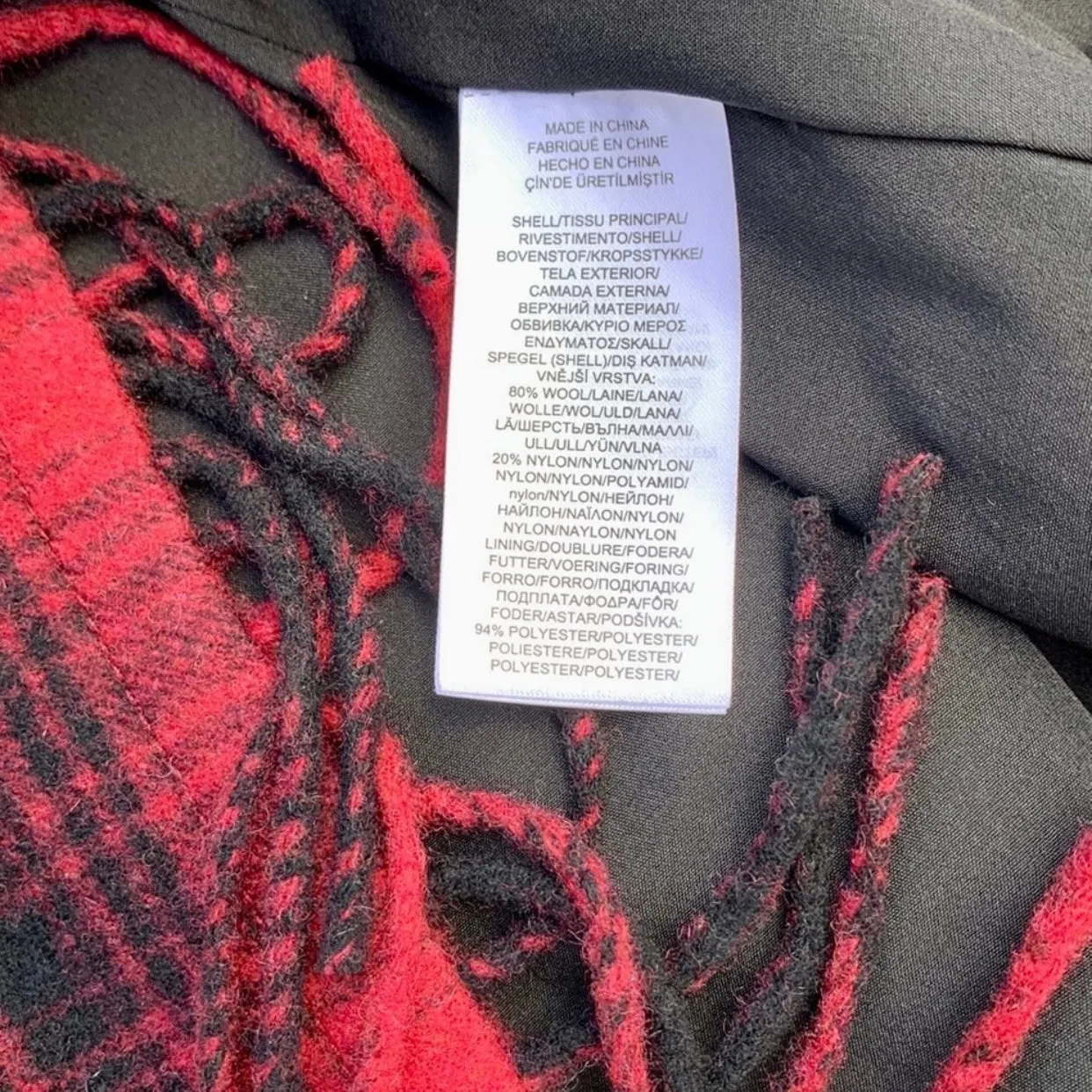 RALPH LAUREN Wool Blanket Fringe Western Black Red Belted Wrap Coat Jacket