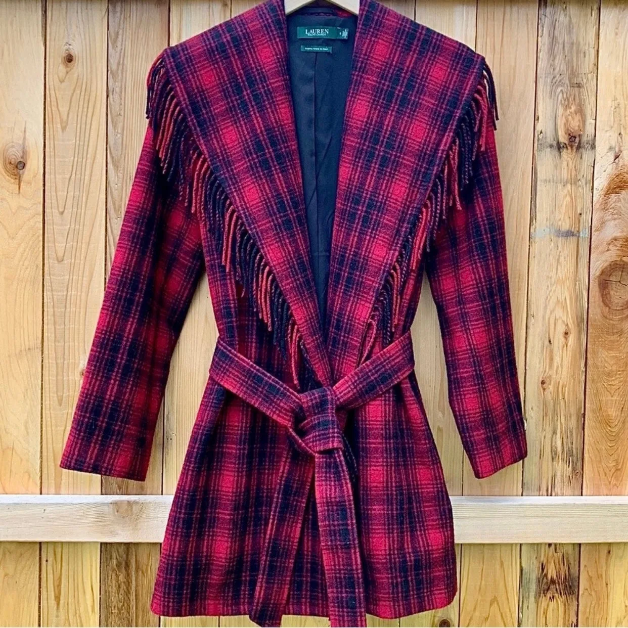 RALPH LAUREN Wool Blanket Fringe Western Black Red Belted Wrap Coat Jacket