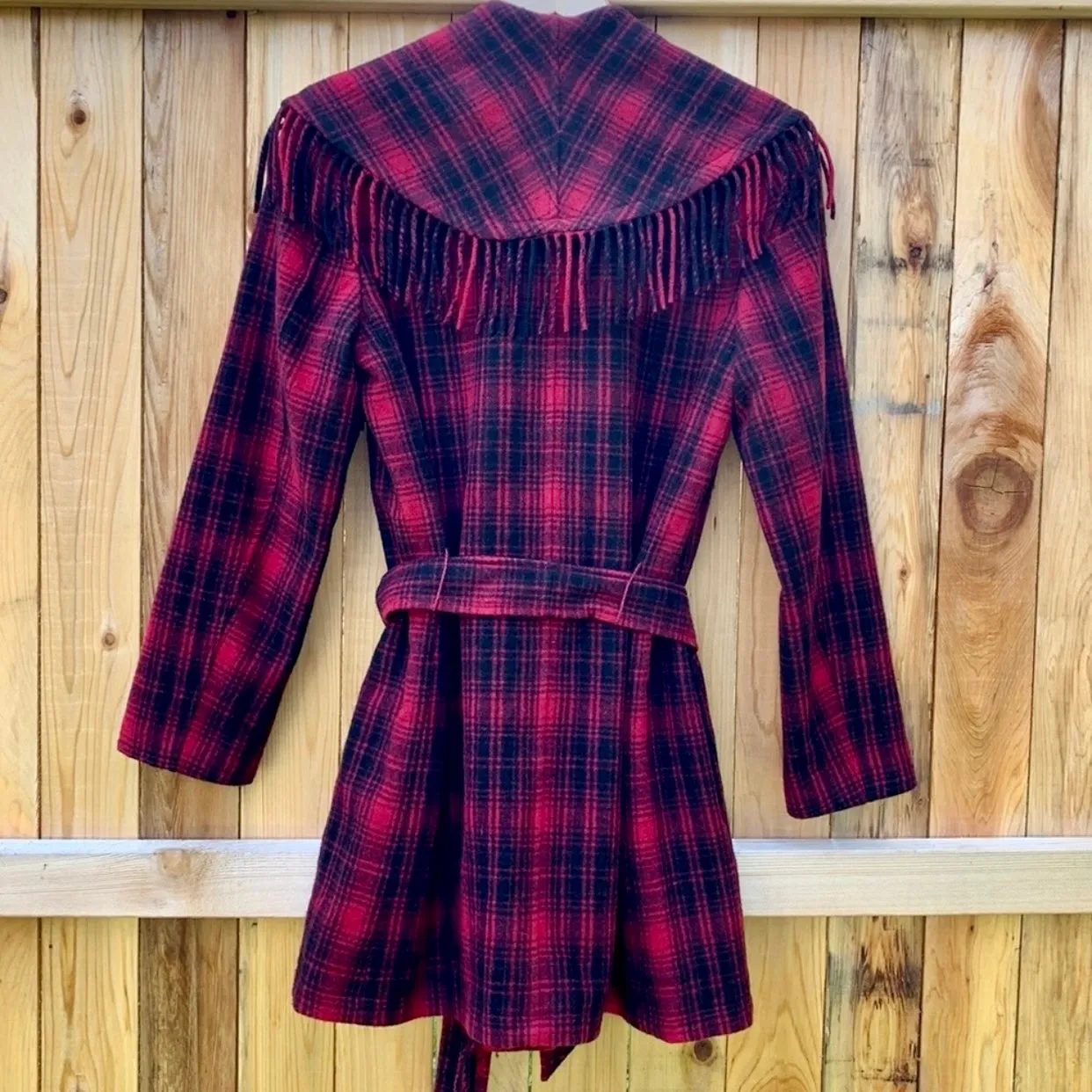 RALPH LAUREN Wool Blanket Fringe Western Black Red Belted Wrap Coat Jacket