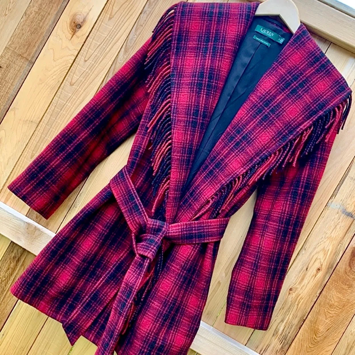 RALPH LAUREN Wool Blanket Fringe Western Black Red Belted Wrap Coat Jacket