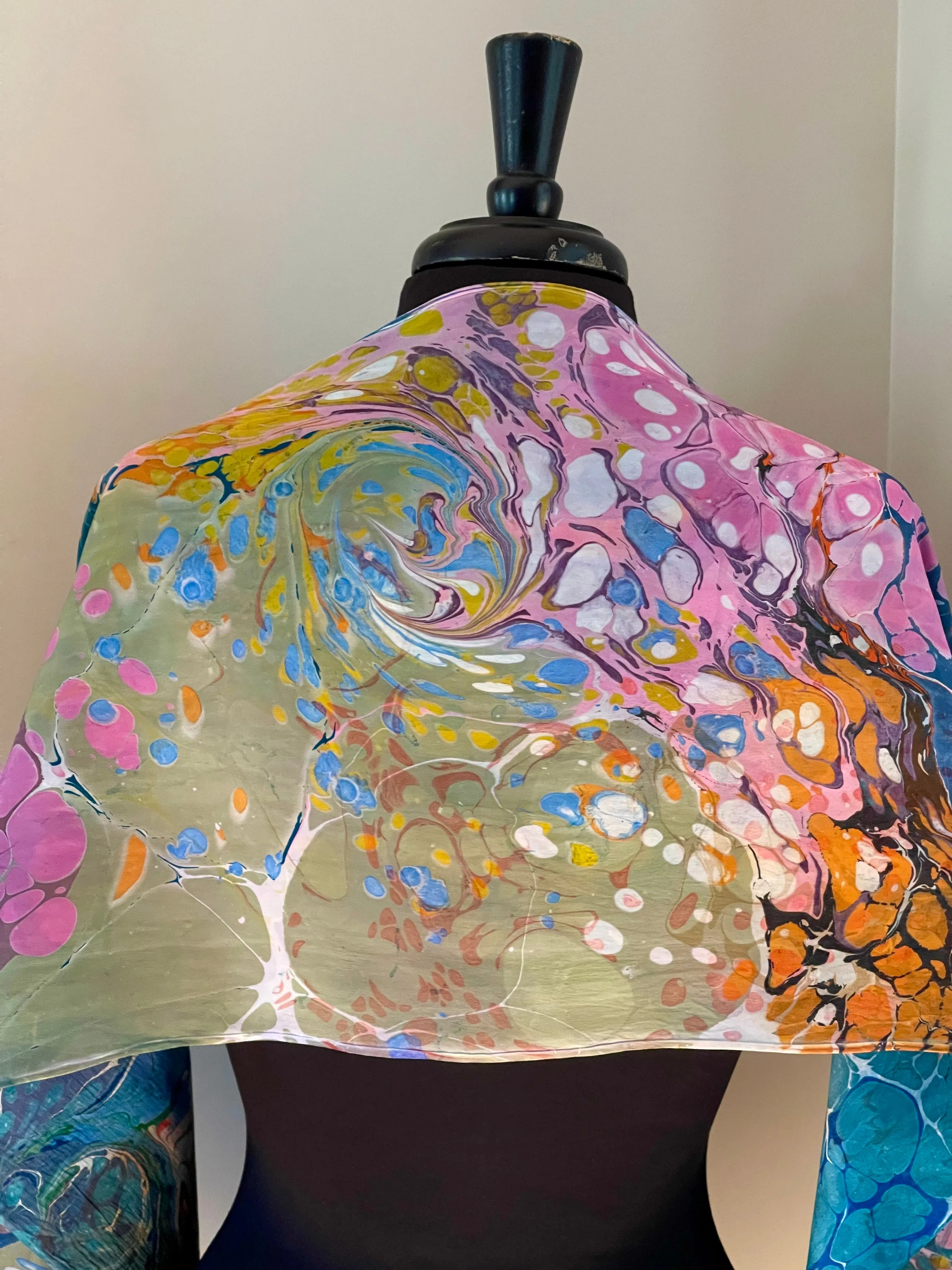 Random Colors II twice marbled Charmeuse Silk 72x14” bold fun. This beautiful silk makes a unique dresser cover and scarf.