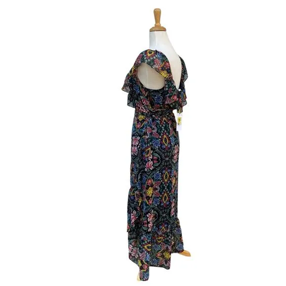 Rebecca Minkoff Midi Dress Med NWT Floral Chiffon True Wrap Ruffled Boho Coastal