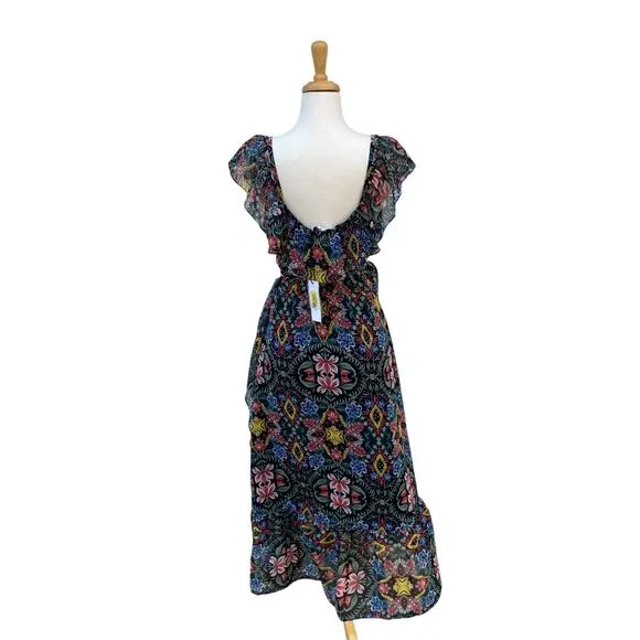 Rebecca Minkoff Midi Dress Med NWT Floral Chiffon True Wrap Ruffled Boho Coastal