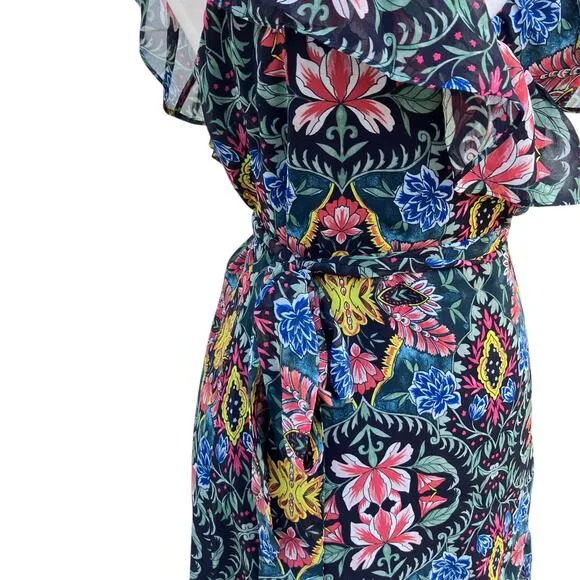 Rebecca Minkoff Midi Dress Med NWT Floral Chiffon True Wrap Ruffled Boho Coastal