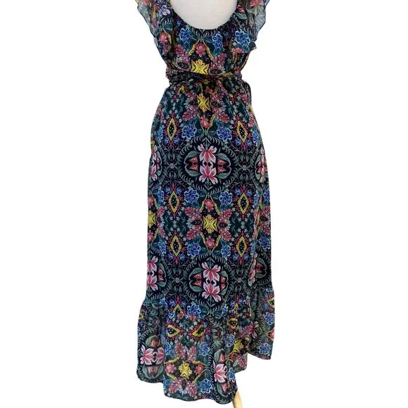 Rebecca Minkoff Midi Dress Med NWT Floral Chiffon True Wrap Ruffled Boho Coastal