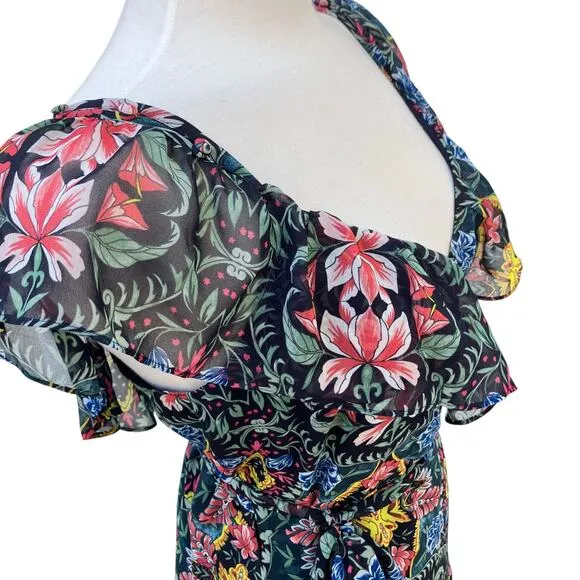 Rebecca Minkoff Midi Dress Med NWT Floral Chiffon True Wrap Ruffled Boho Coastal