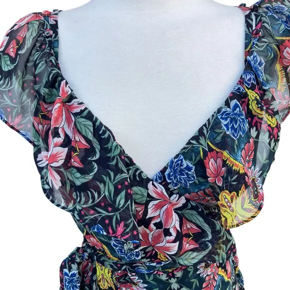 Rebecca Minkoff Midi Dress Med NWT Floral Chiffon True Wrap Ruffled Boho Coastal