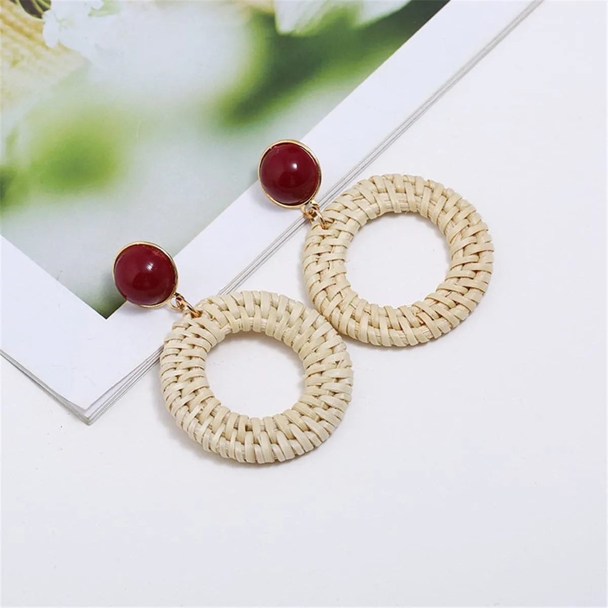 Red Agate & Rattan Open Circle Drop Earrings