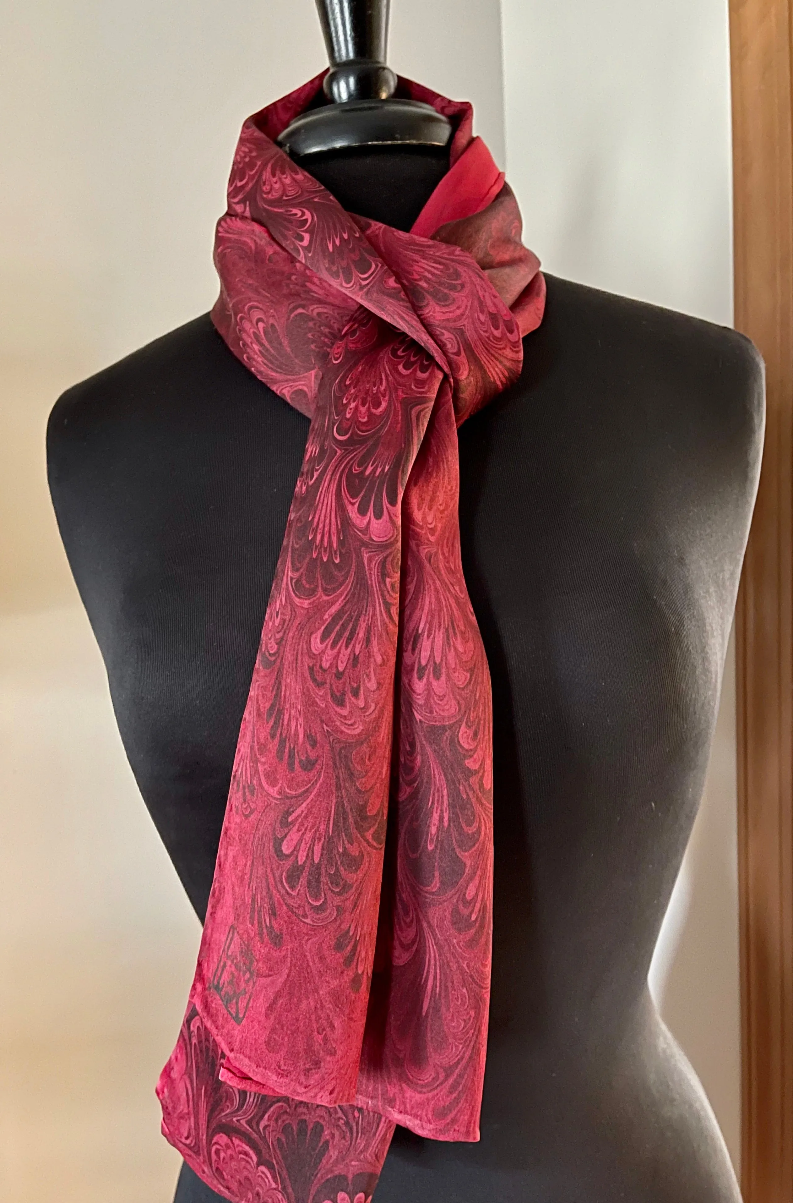 Red bouquet marbled Charmeuse  Silk 72x14” bold fun. This beautiful silk makes a unique dresser cover and scarf