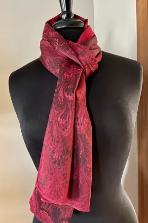 Red bouquet marbled Charmeuse  Silk 72x14” bold fun. This beautiful silk makes a unique dresser cover and scarf