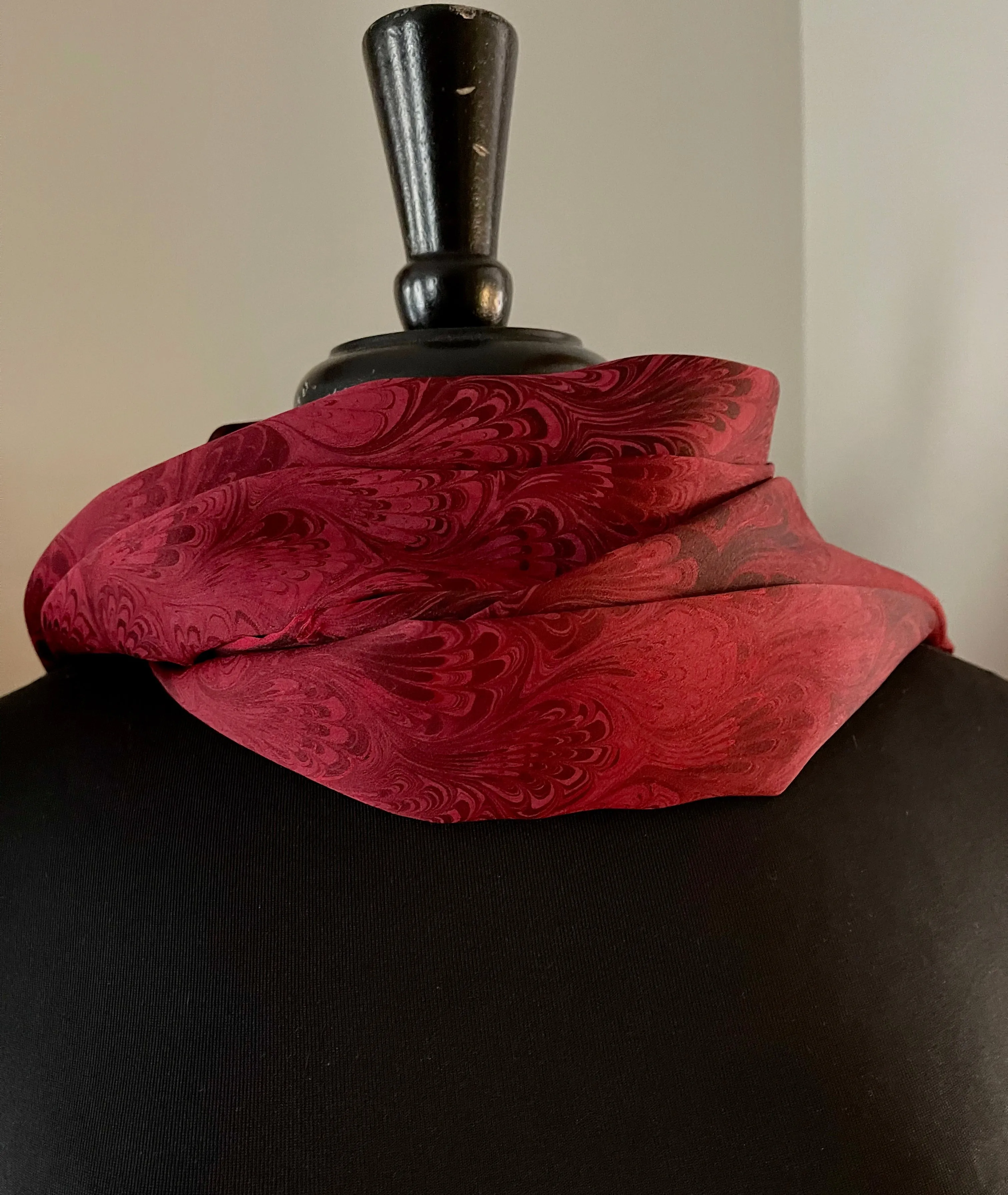 Red bouquet marbled Charmeuse  Silk 72x14” bold fun. This beautiful silk makes a unique dresser cover and scarf