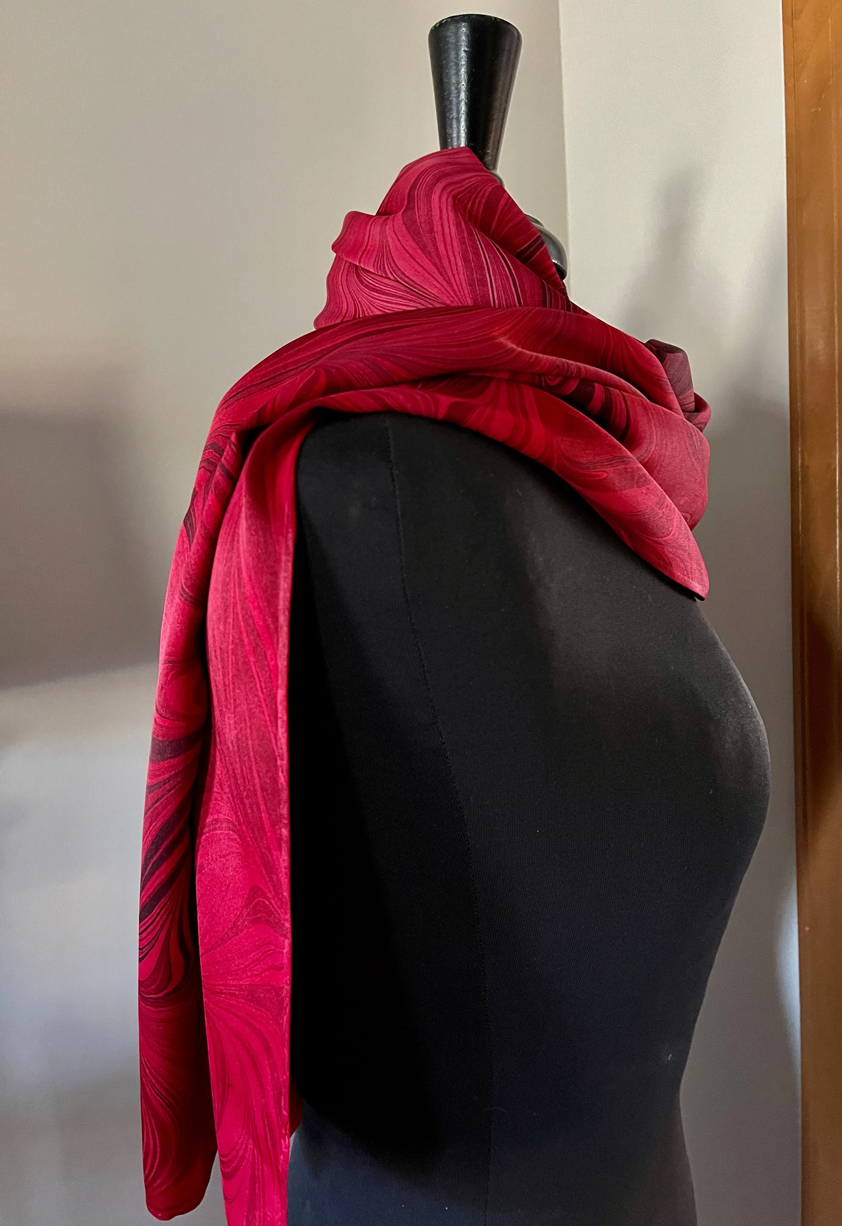 Red flame  marbled Charmeuse  Silk 72x14” bold fun. This beautiful silk makes a unique dresser cover and scarf