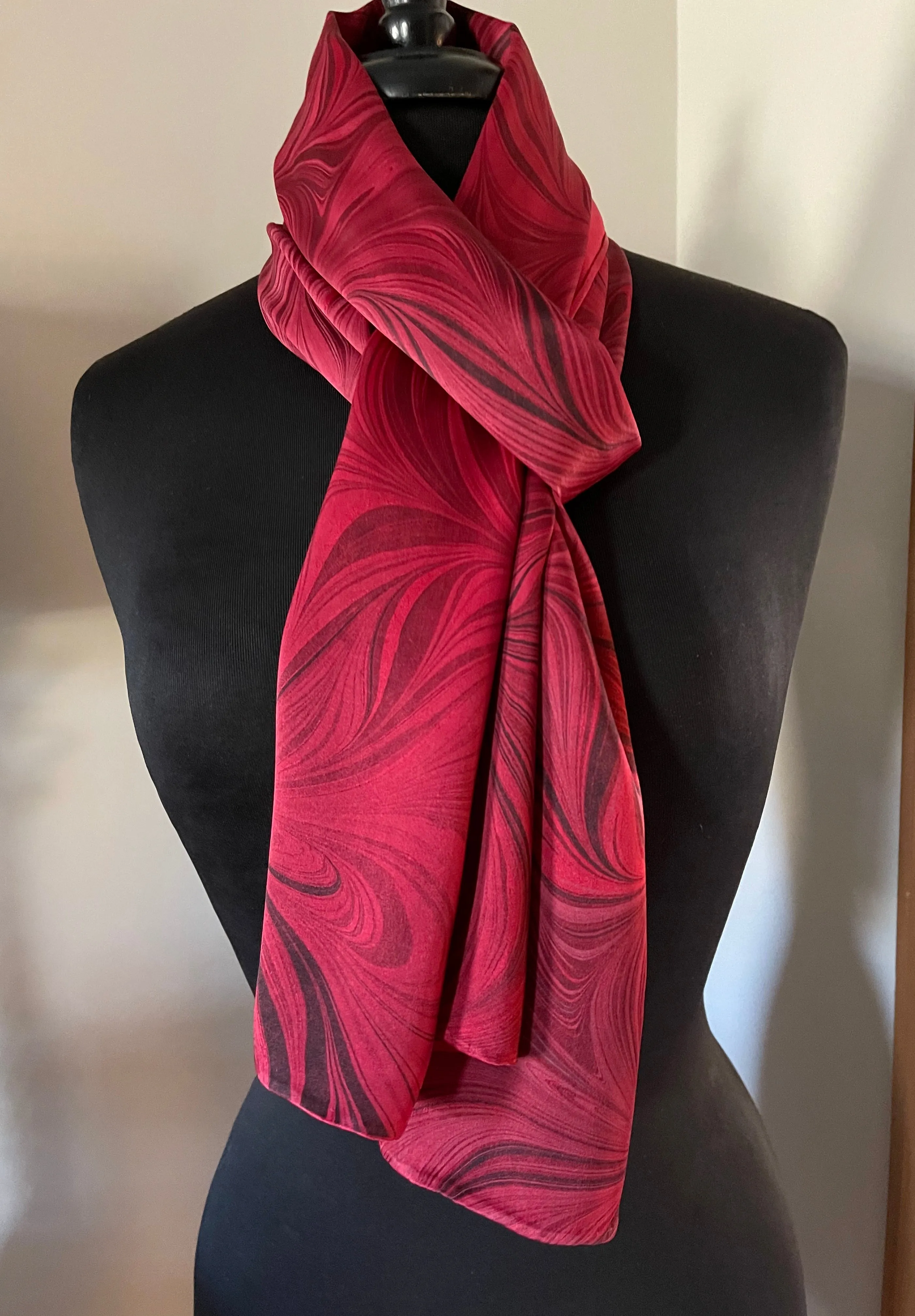 Red flame  marbled Charmeuse  Silk 72x14” bold fun. This beautiful silk makes a unique dresser cover and scarf
