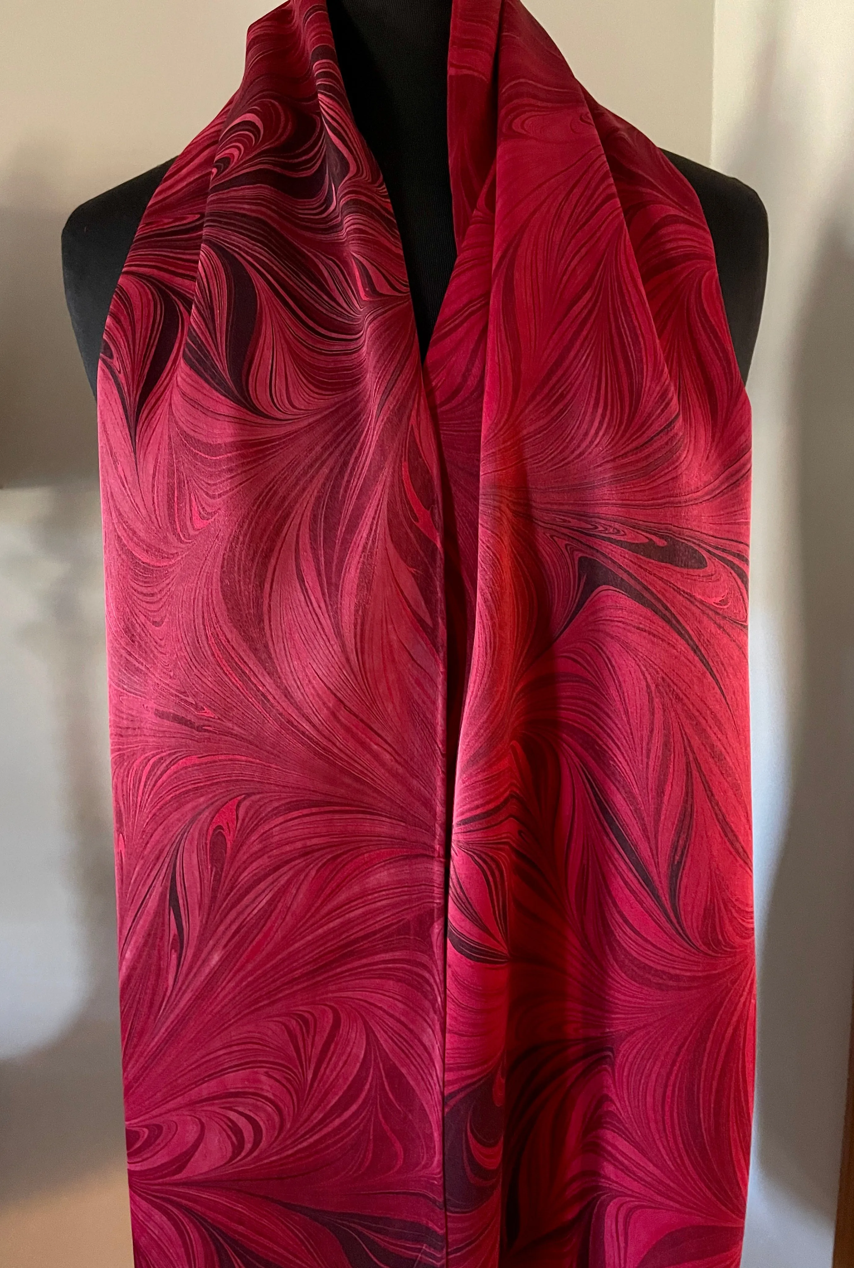 Red flame  marbled Charmeuse  Silk 72x14” bold fun. This beautiful silk makes a unique dresser cover and scarf