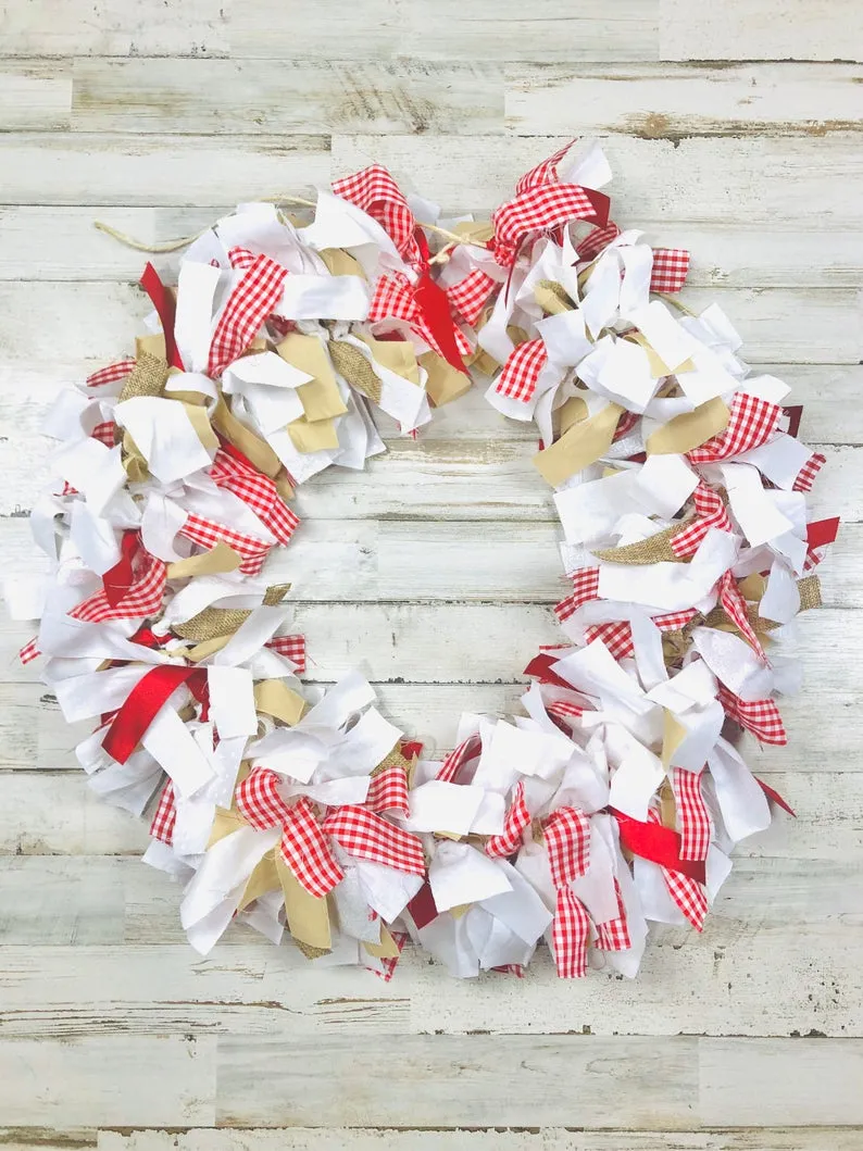 Red gingham plaid handmade fabric garland