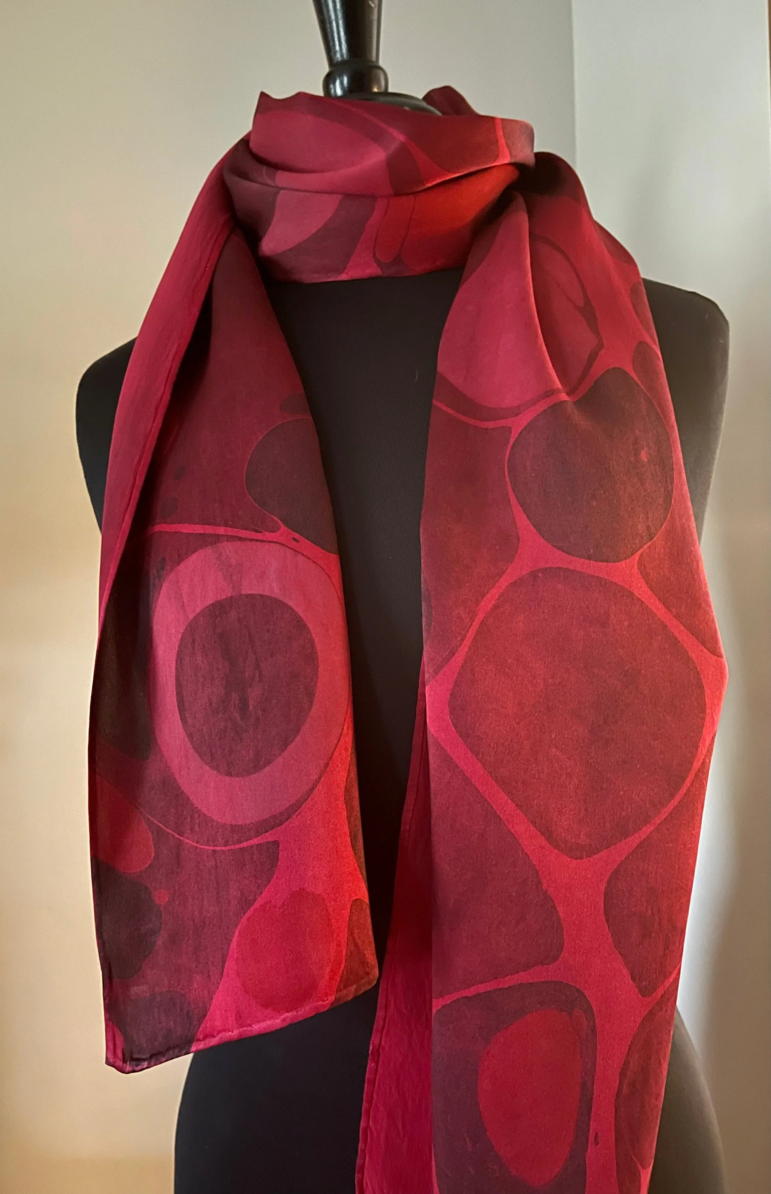 Red Stone Charmeuse Silk 72x14” bold fun. This beautiful silk makes a unique dresser cover and scarf