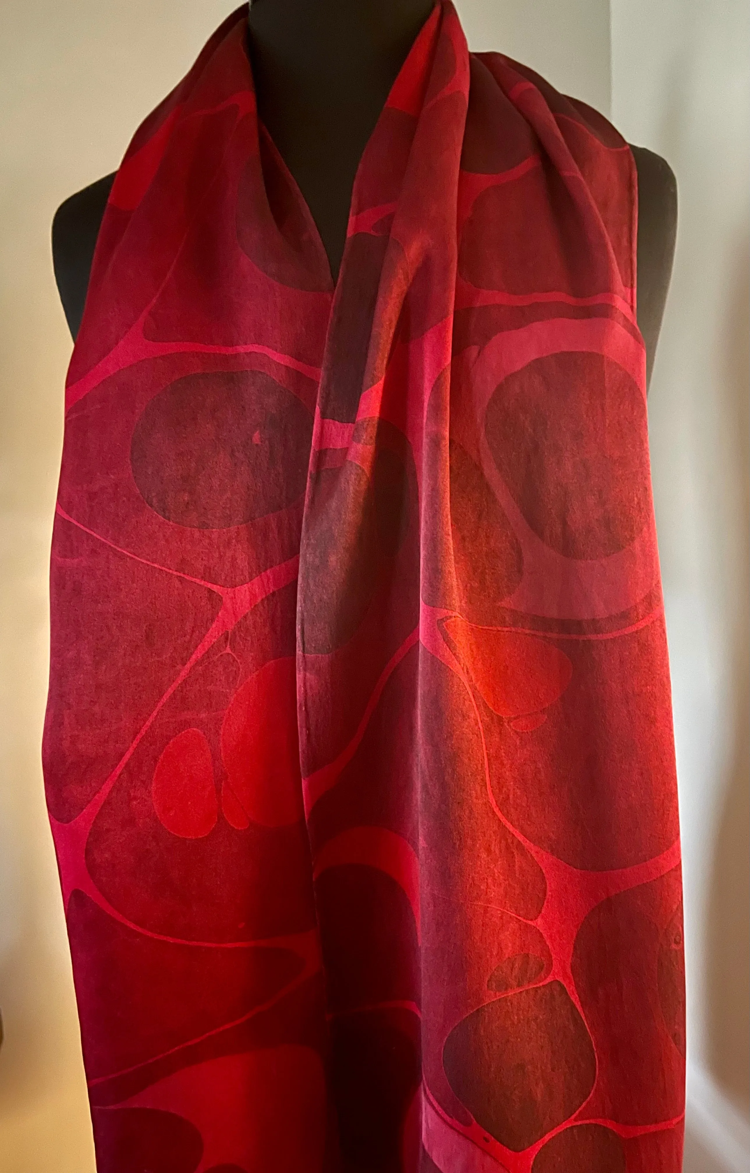 Red Stone Charmeuse Silk 72x14” bold fun. This beautiful silk makes a unique dresser cover and scarf