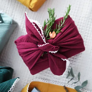 Reusable Burgundy Lace Trimmed Fabric Gift Wrap