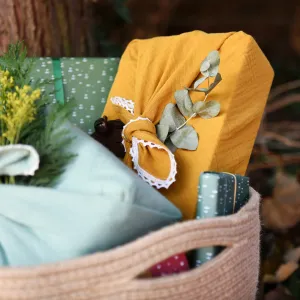 Reusable Mustard Yellow Lace Trimmed Fabric Gift Wrap