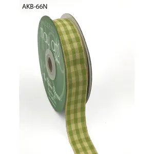 Ribbon - 7/8 Inch Woven Antique Ivory Checkered Ribbon with Woven Edge - Light Green AKB-66N