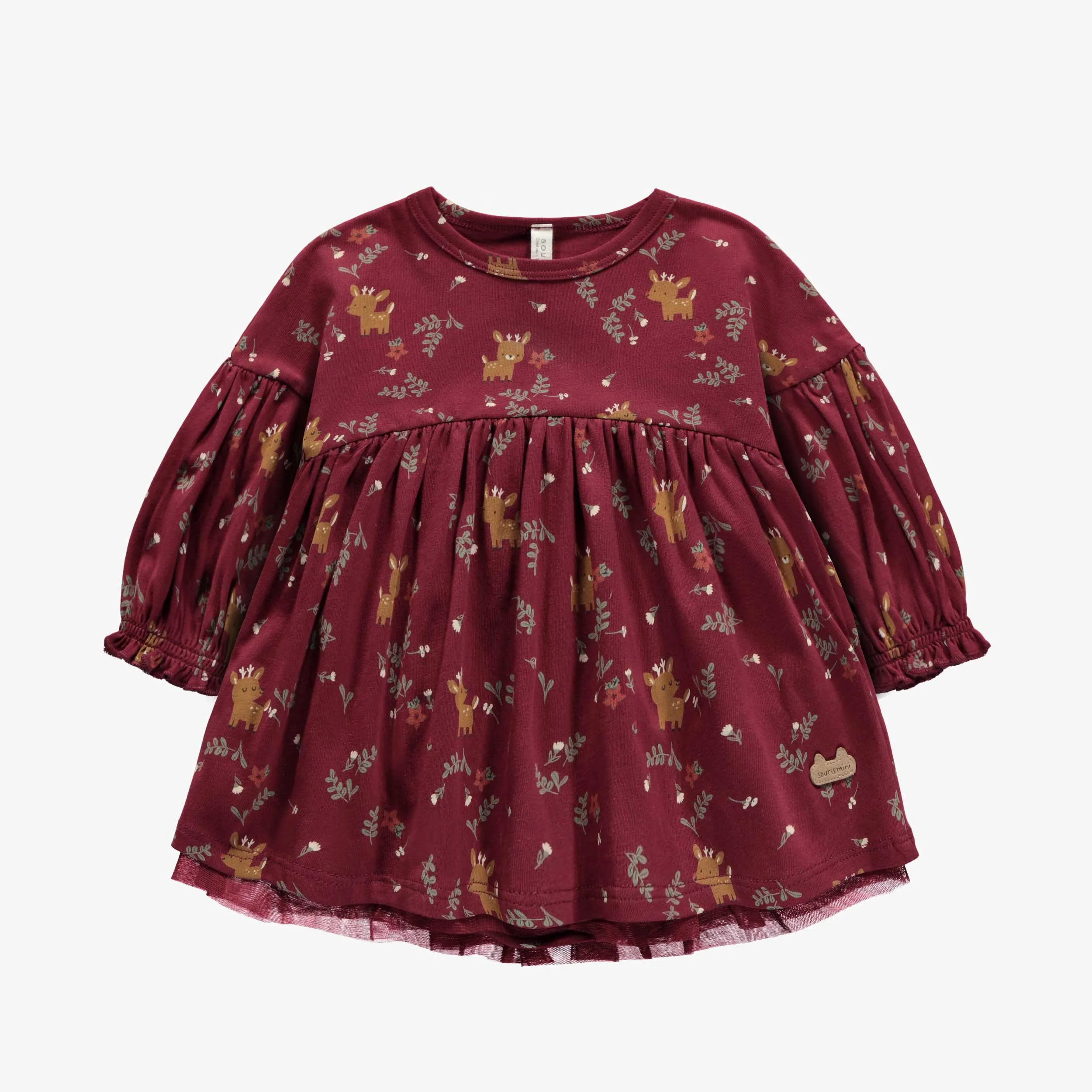 Robe ample rouge à manches longues au motif de rennes en coton biologique, naissance || Red long sleeved dress of loose fit with a reindeer pattern in organic cotton, newborn