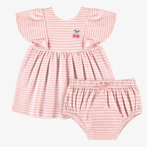 Robe et bloomer rose et crème à rayures, naissance || Pink and cream striped dress and bloomer, newborn