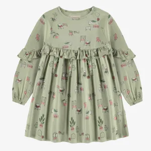 Robe vert sauge avec illustrations de meubles antiques en jersey, enfant || Sage green dress with illustrations of antique furniture in jersey, child