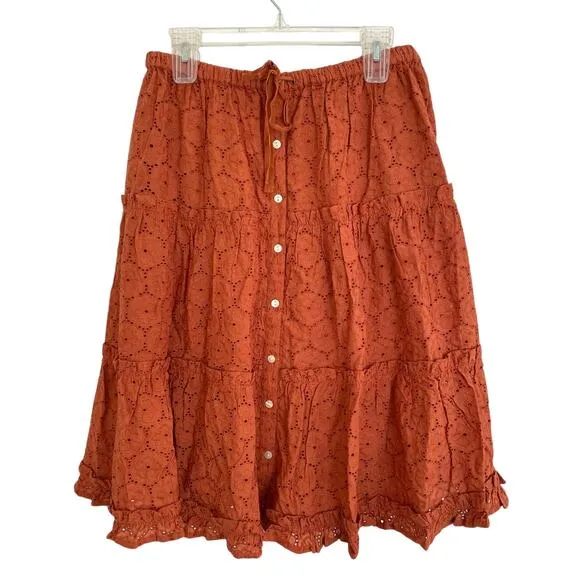 Roberta Roller Rabbit Clementine Eyelet Midi Ruffle Tiered Button Skirt NWOT L