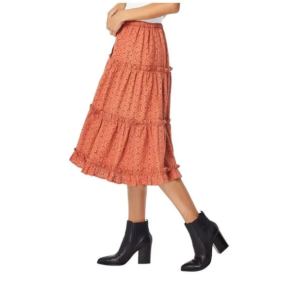 Roberta Roller Rabbit Clementine Eyelet Midi Ruffle Tiered Button Skirt NWOT L