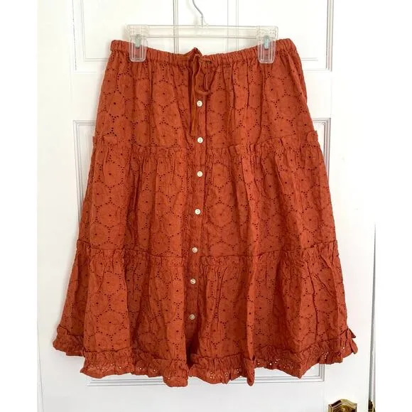 Roberta Roller Rabbit Clementine Eyelet Midi Ruffle Tiered Button Skirt NWOT L