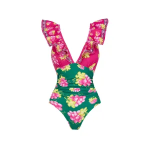 Ruffled Deep V Print One Piece Swimsuit