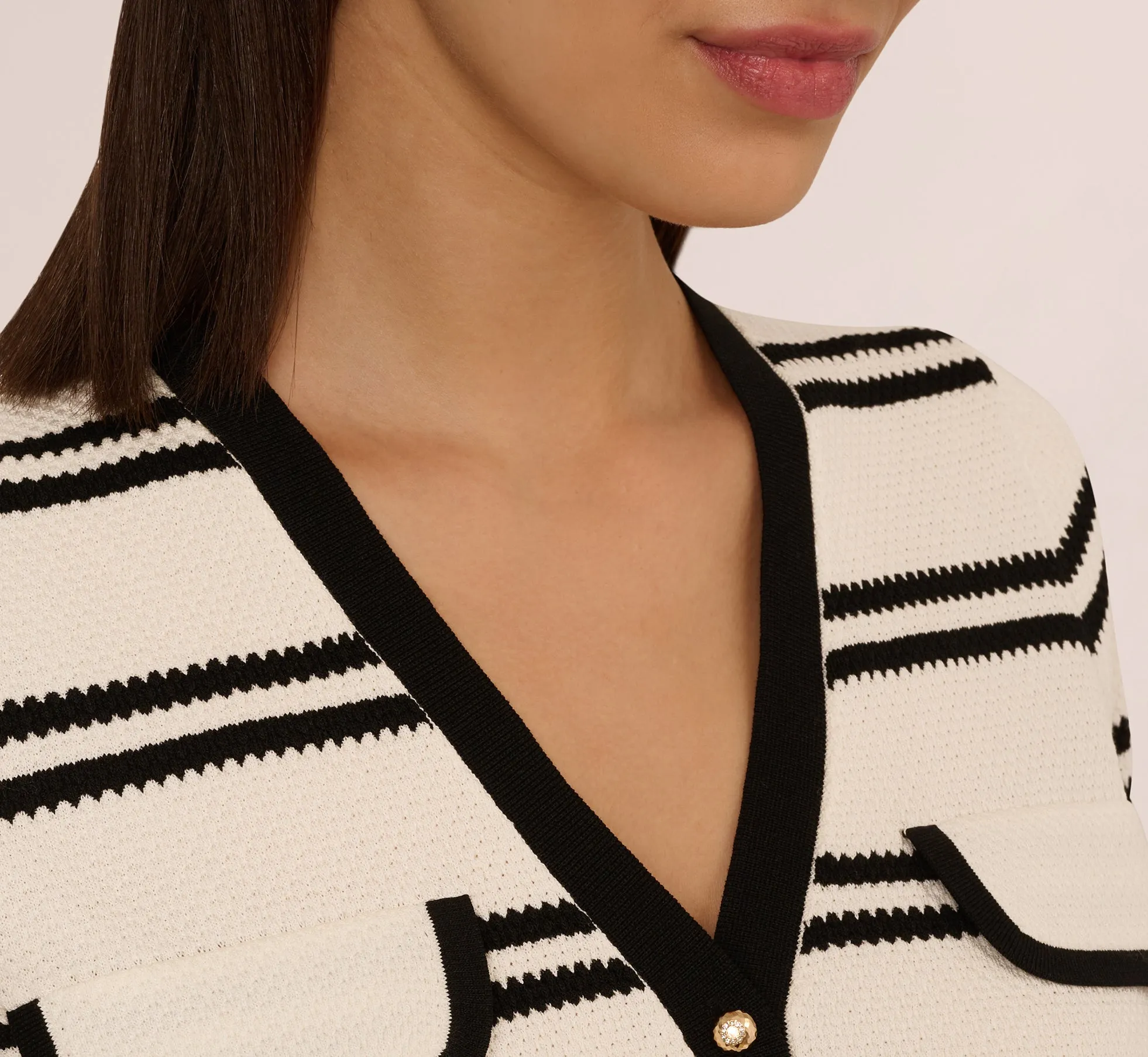 Short Sleeve Textured Striped Cardigan In Ivory Black