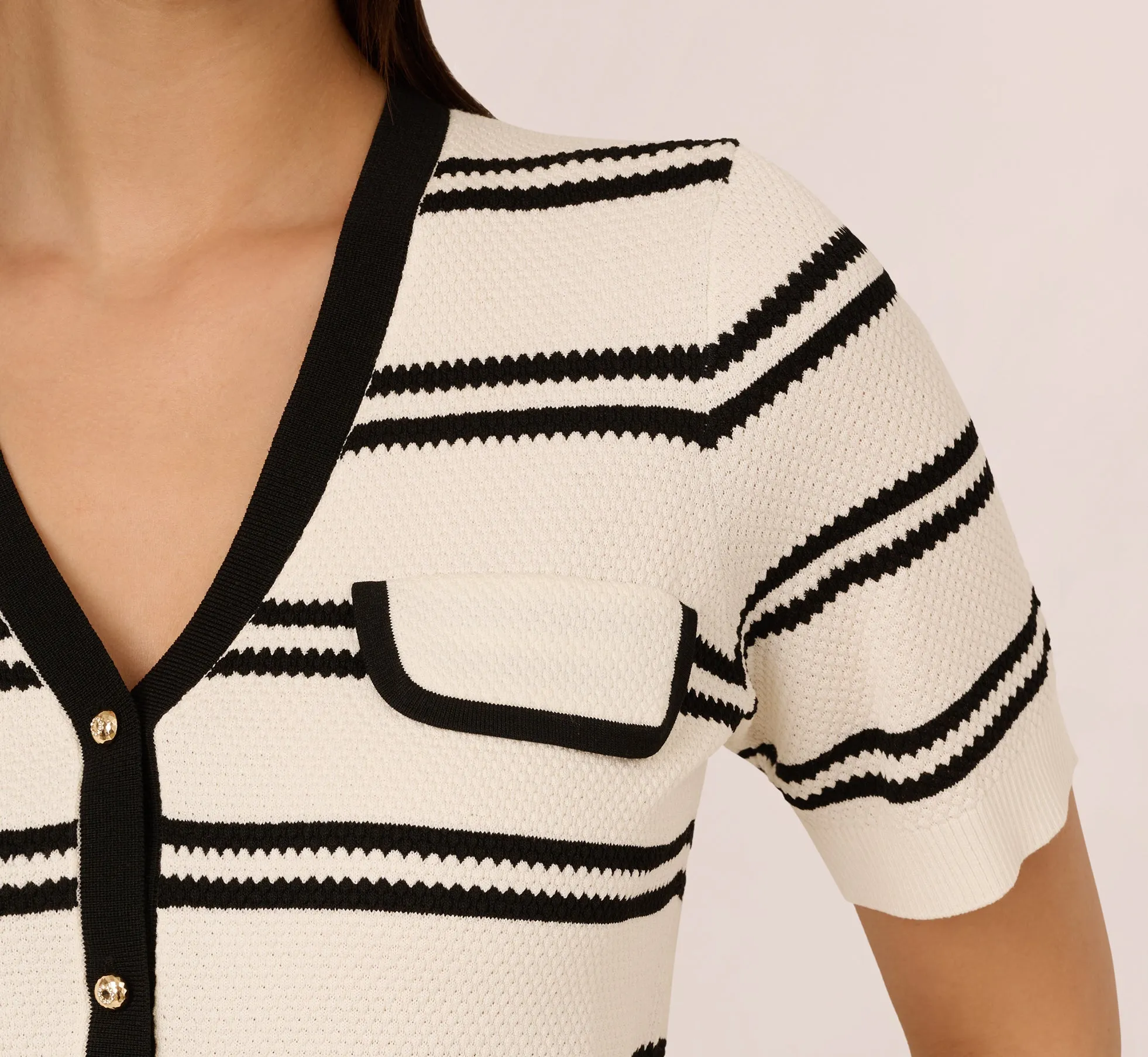 Short Sleeve Textured Striped Cardigan In Ivory Black