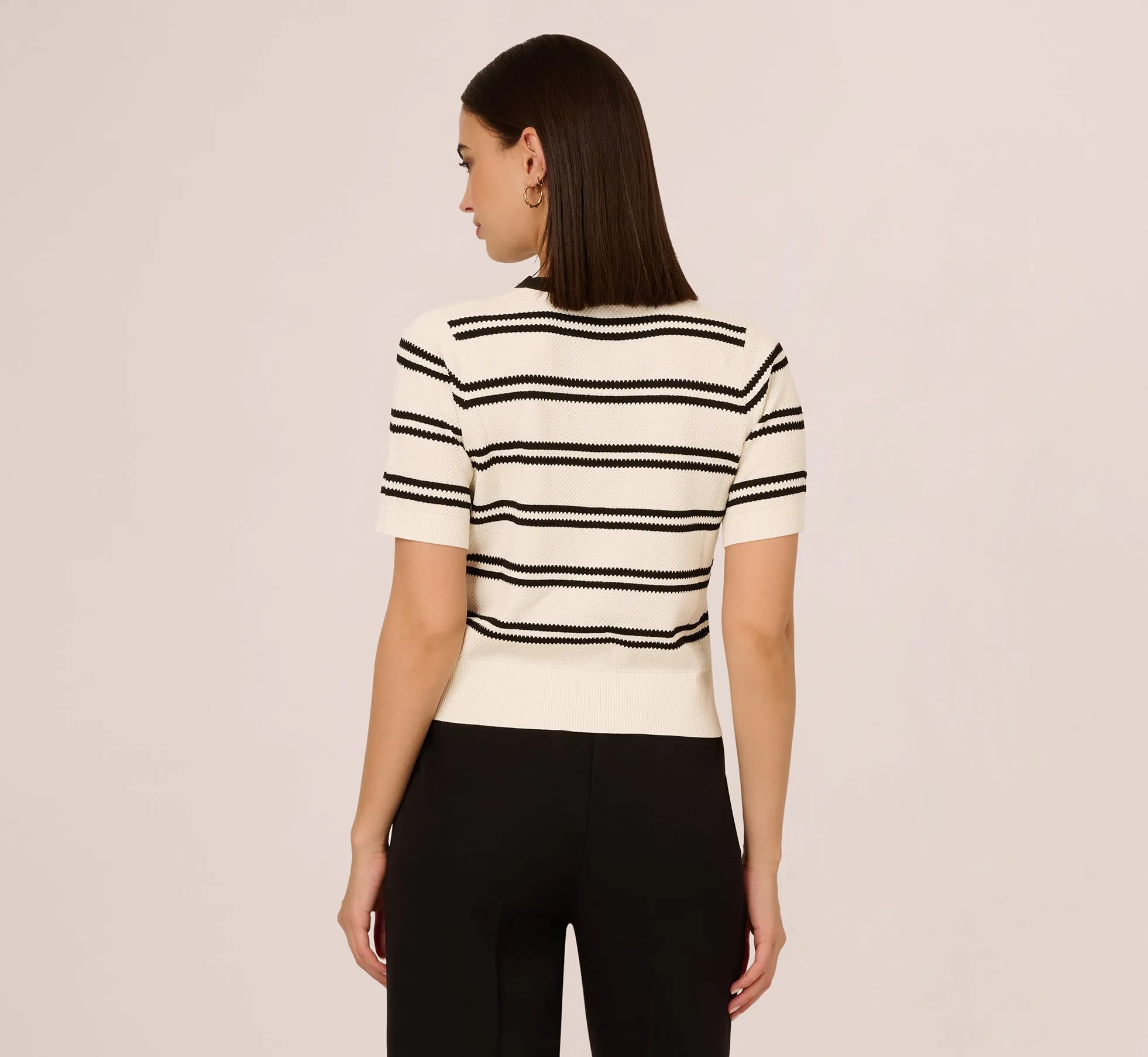 Short Sleeve Textured Striped Cardigan In Ivory Black