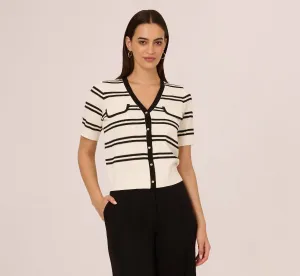 Short Sleeve Textured Striped Cardigan In Ivory Black