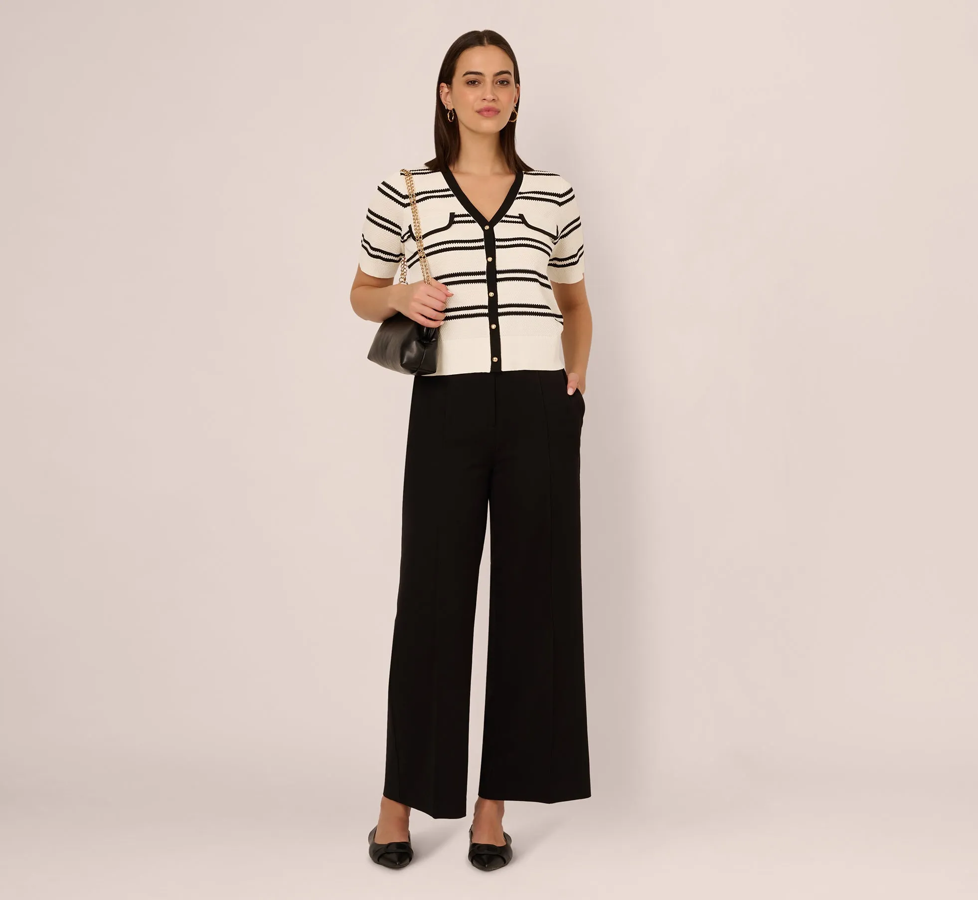 Short Sleeve Textured Striped Cardigan In Ivory Black