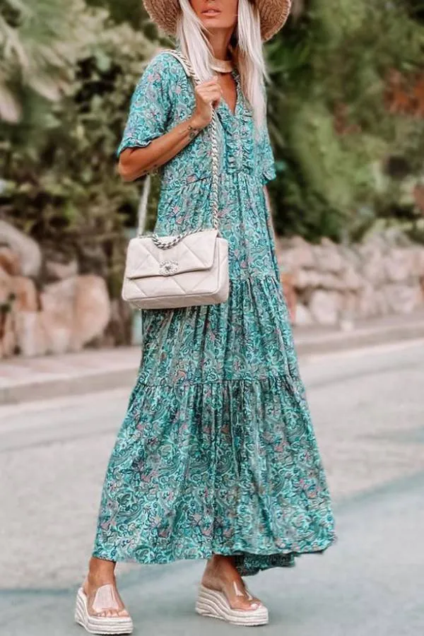 Sky Blue Paisley Print Split V Neck Tiered Boho Maxi Dress