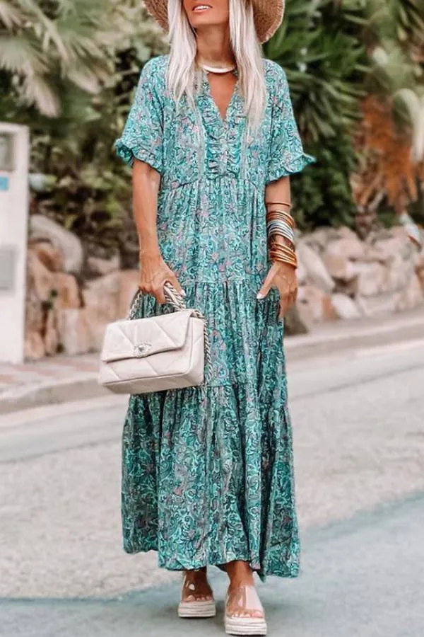 Sky Blue Paisley Print Split V Neck Tiered Boho Maxi Dress