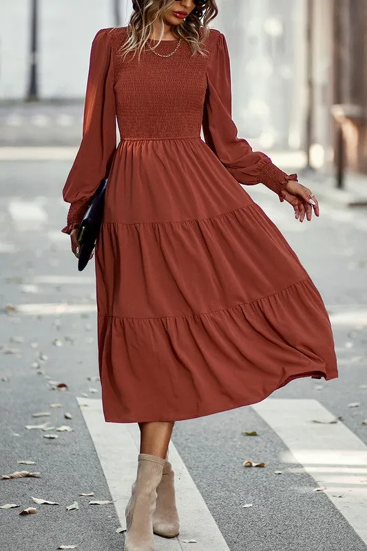 Smocked Cuffs Tiered Midi Dress