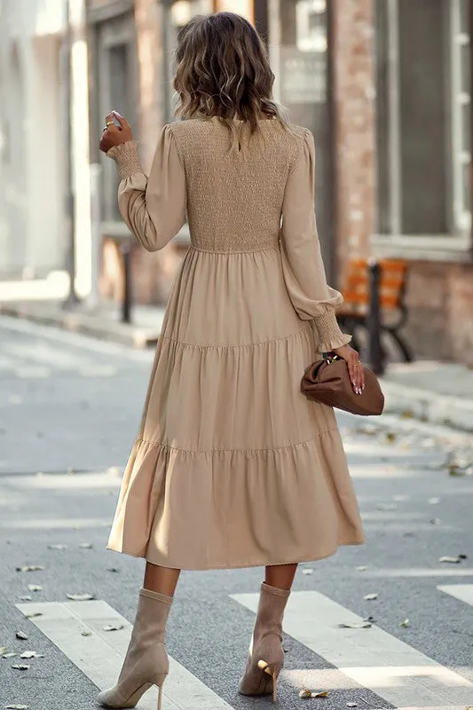 Smocked Cuffs Tiered Midi Dress