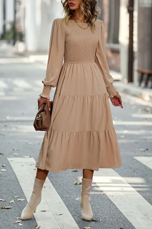 Smocked Cuffs Tiered Midi Dress