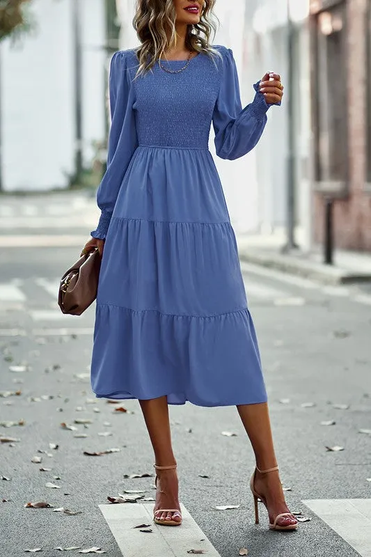 Smocked Cuffs Tiered Midi Dress